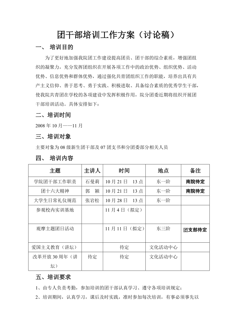 团干部培训工作方案(讨论稿) 院团委  2008年10月8日.doc_第1页