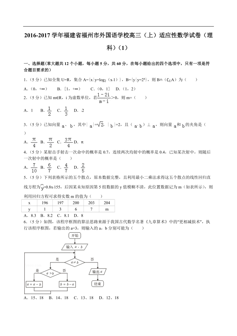 2016年福建省福州市外国语学校高三（上）适应性数学试卷（理科）解析版（1）.doc_第1页