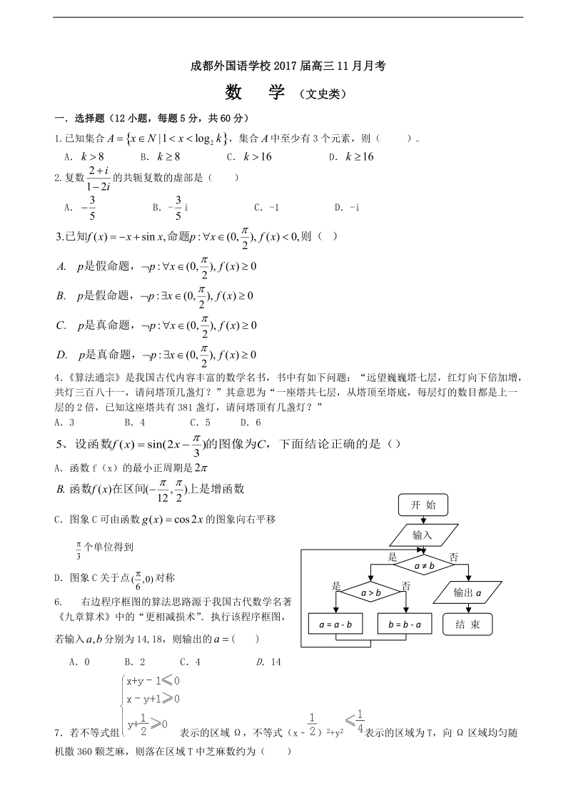 2017年四川省成都外国语学校高三上学期11月月考试题 数学（文）.doc_第1页