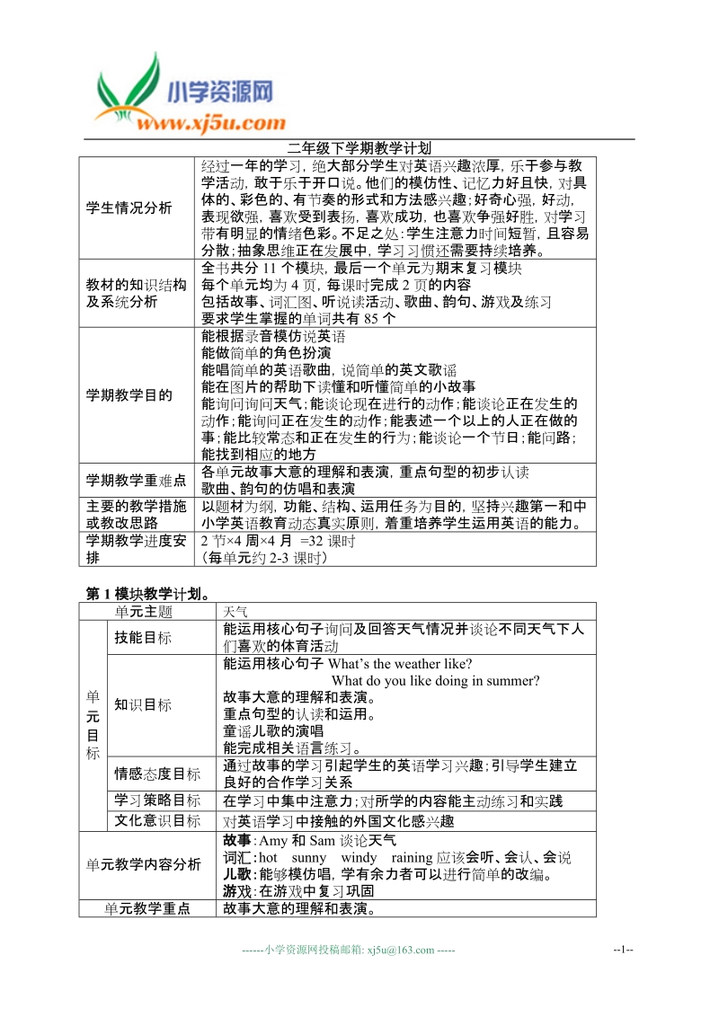 外研版（一起）二年级英语下册教案module1 unit1what’s the weather like.doc_第1页