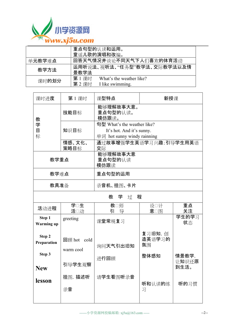 外研版（一起）二年级英语下册教案module1 unit1what’s the weather like.doc_第2页