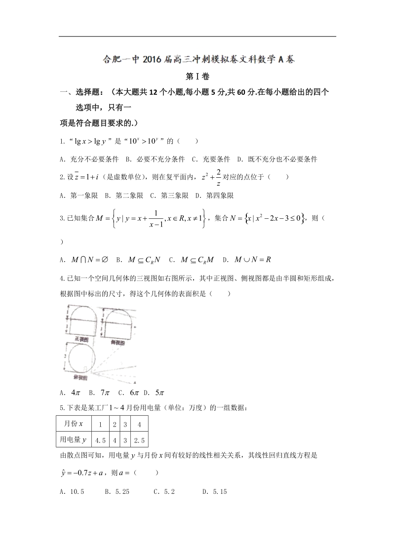 2016年安徽省合肥市第一中学高三下学期冲刺模拟卷（a）数学（文）试题.doc_第1页