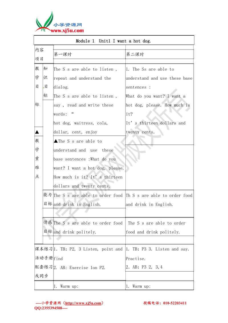 六年级下英语教案-module1 unit 1 i want a hot dog2外研社（三起）.doc_第1页