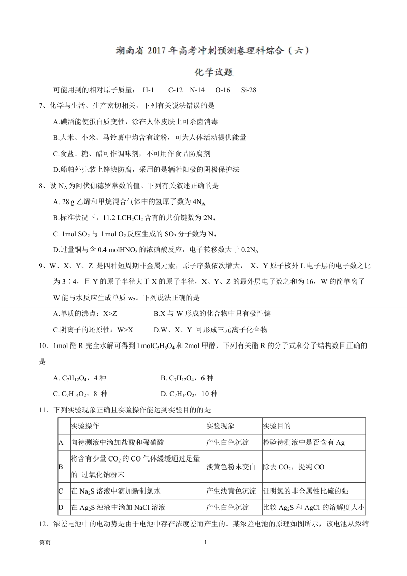 2017年湖南省高三高考冲刺预测卷理综（六）化学试题.doc_第1页