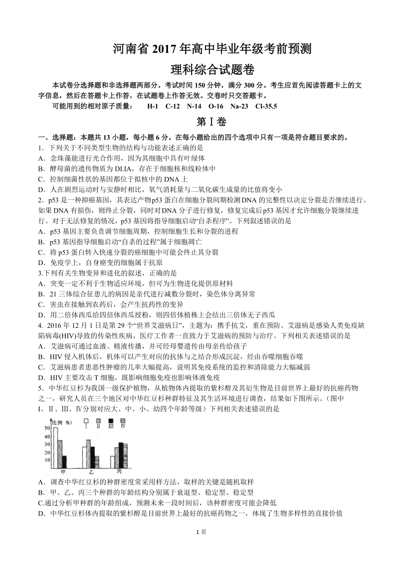 2017年河南省高中毕业年级考前预测理科综合生物试题.doc_第1页