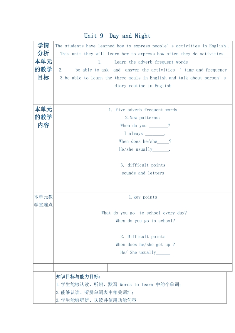 北师大版(一起) 四年级下册英语 教案 unit9 day and night.doc_第1页