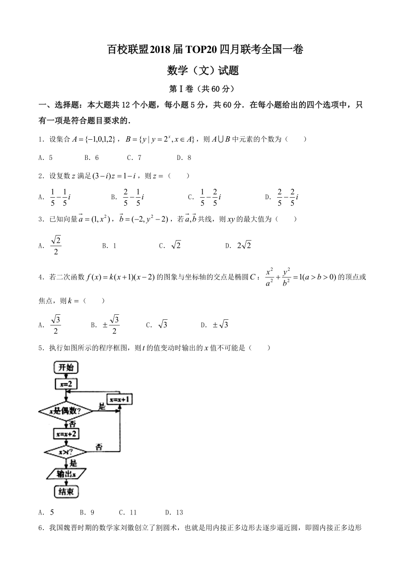 2018年百校联盟top20四月联考全国一卷数学（文）（word版）.doc_第1页