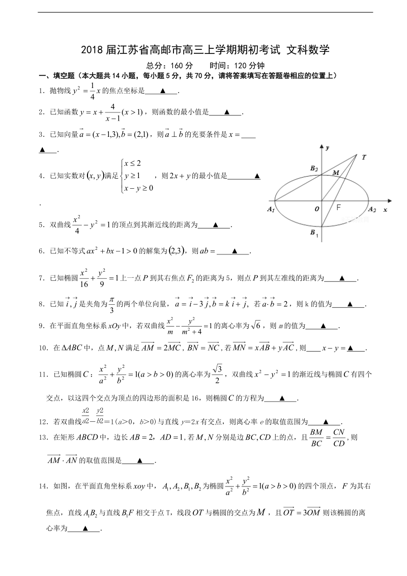 2018年江苏省高邮市高三上学期期初考试 文科数学.doc_第1页