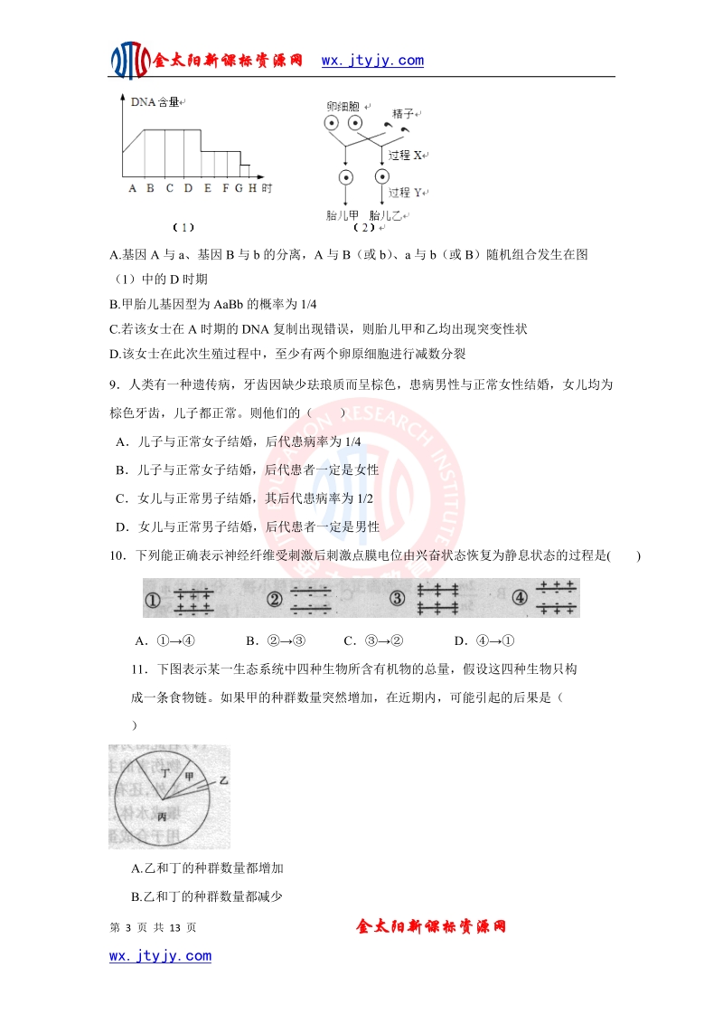 山东省聊城市第一中学2013年高三上学期人教版生物高考精选预测卷（七）（解析版）.doc_第3页