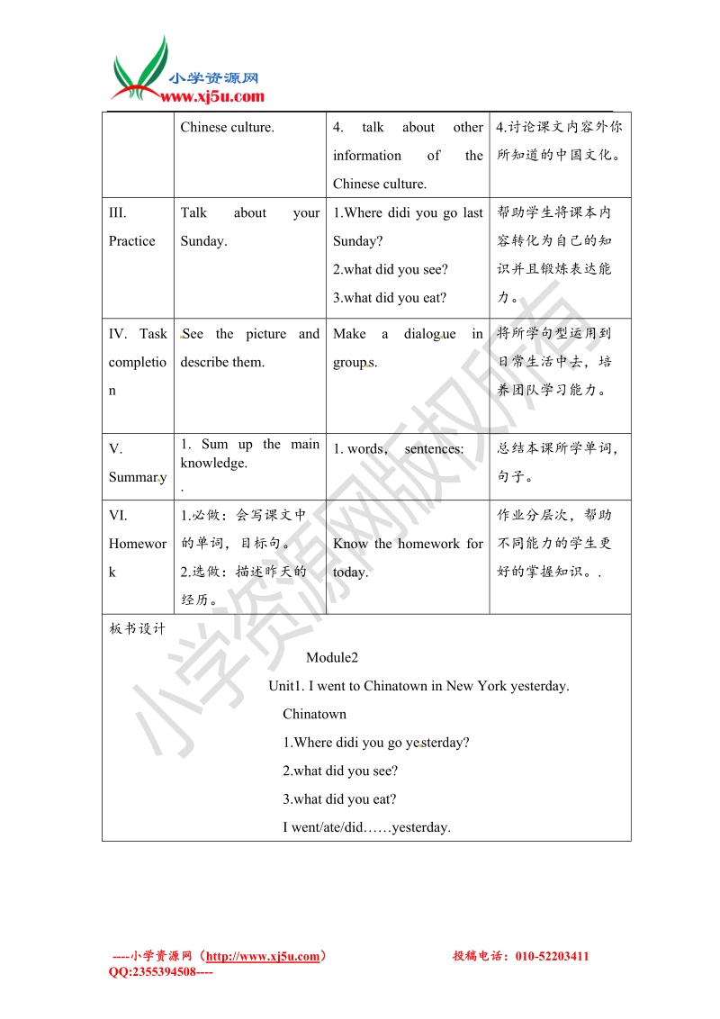 六年级上册英语教案-module2 unit1 i went to chinatown new york yesterday外研社（一起）.doc_第3页