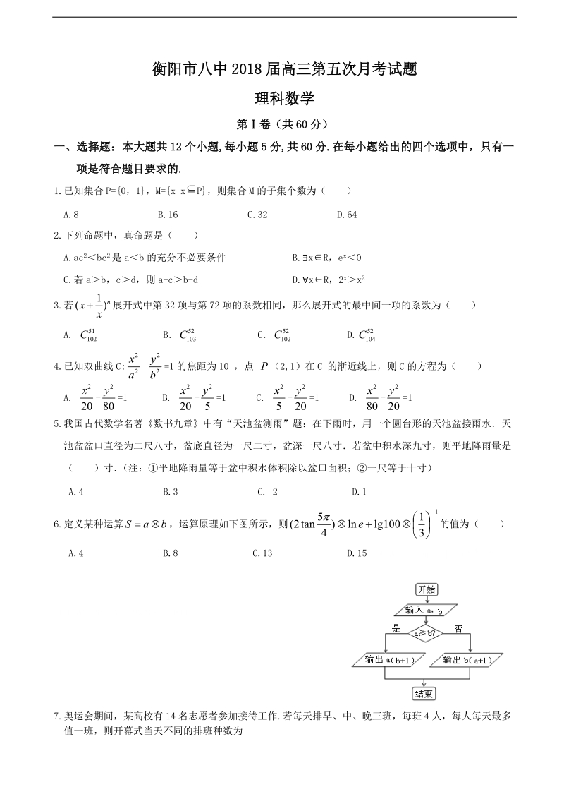 2018年湖南省衡阳市第八中学高三上学期第五次月考试题 数学理.doc_第1页