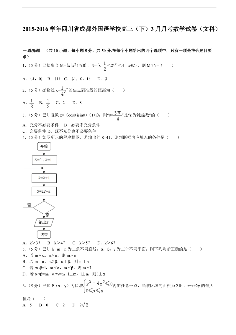 2015-2016年四川省成都外国语学校高三（下）3月月考数学试卷（文科）（解析版）.doc_第1页