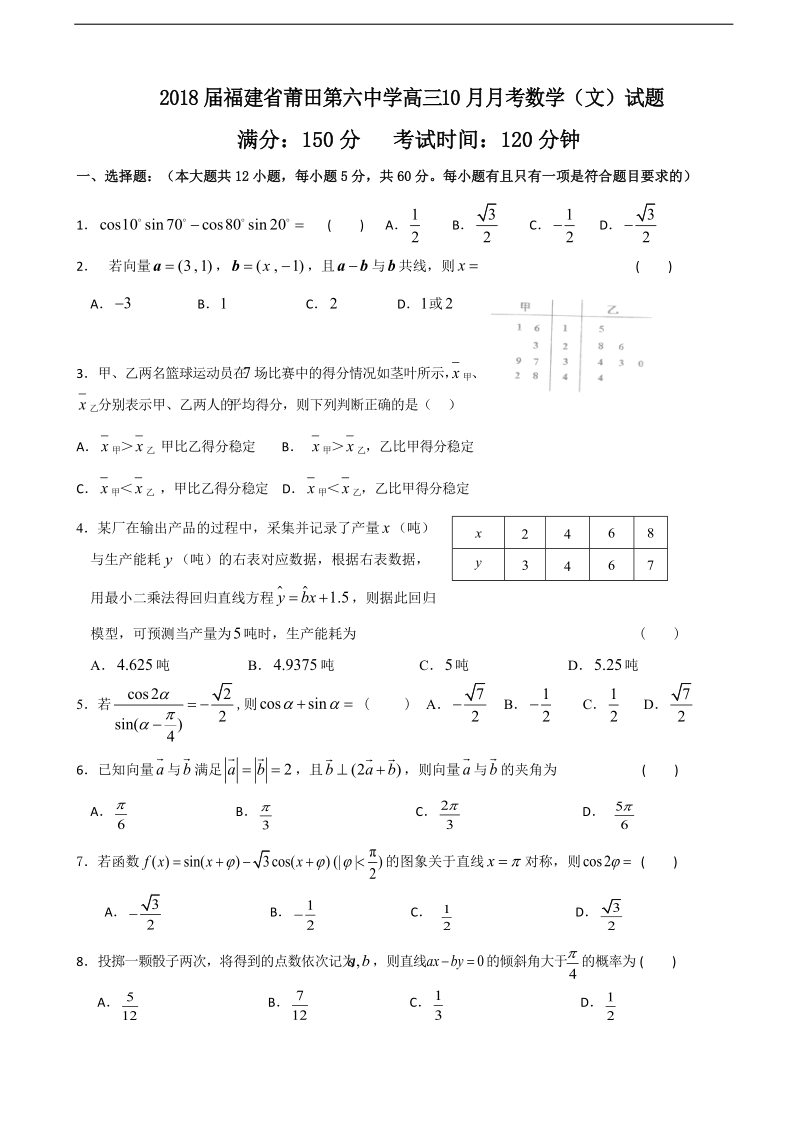 2018年福建省莆田第六中学高三10月月考数学（文）试题.doc_第1页