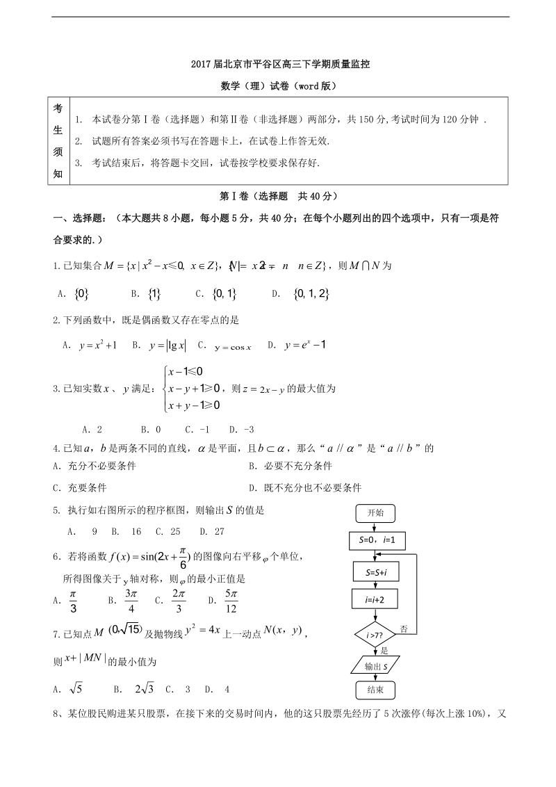 2017年北京市平谷区高三下学期质量监控数学（理）试卷（word版）.doc_第1页