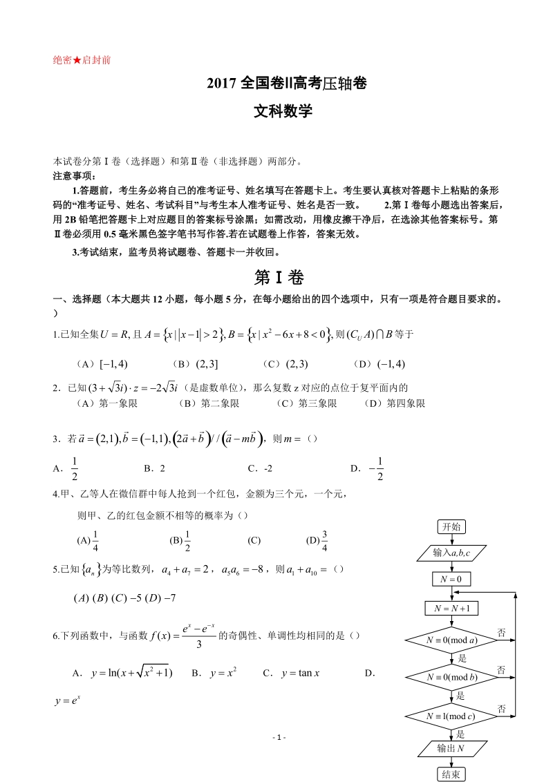 2017年辽宁省（全国卷ⅱ）高考压轴卷 数学（文）（解析版）.doc_第1页