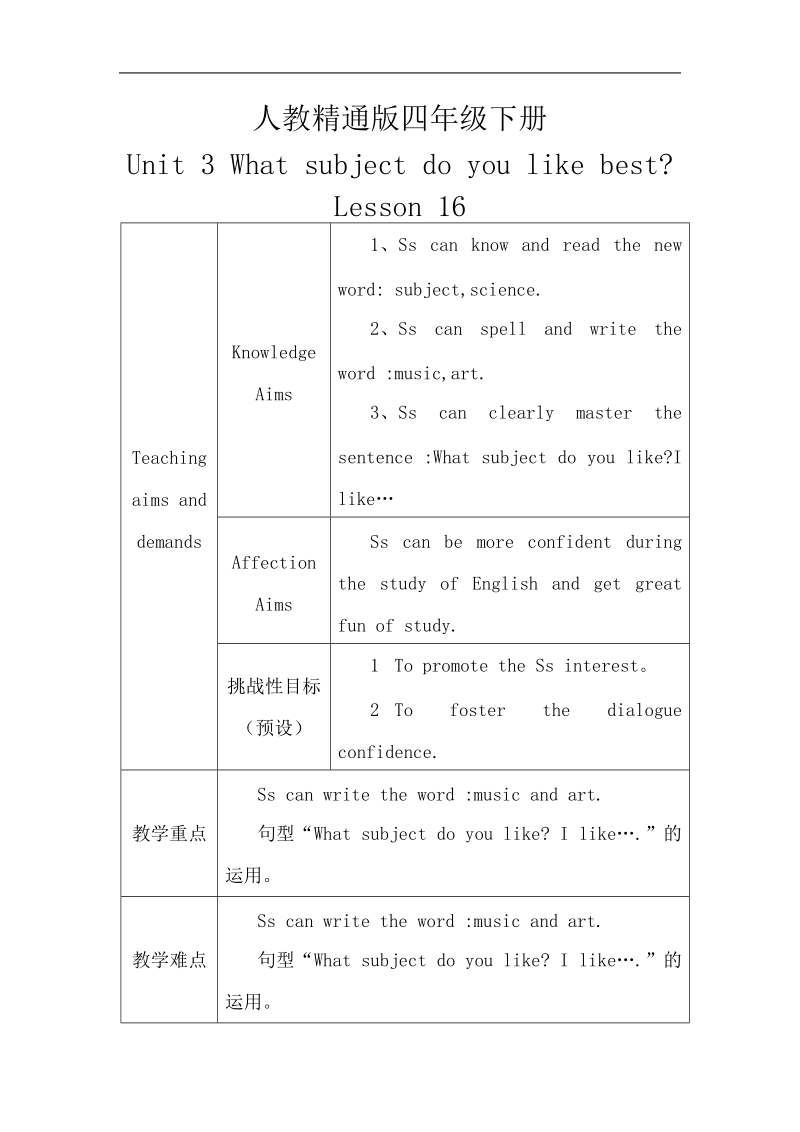 四年级下英语教案《unit+3+what+subject+do+you+like+best》教案lesson+16人教精通版.doc_第1页