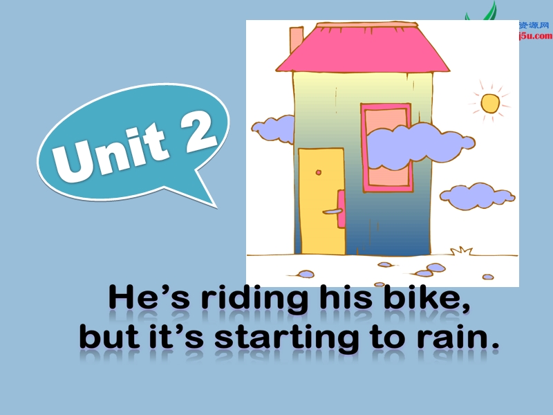 外研版（三起）六下英语：m5u2 he's riding his bike, but it's starts to rain..ppt_第1页