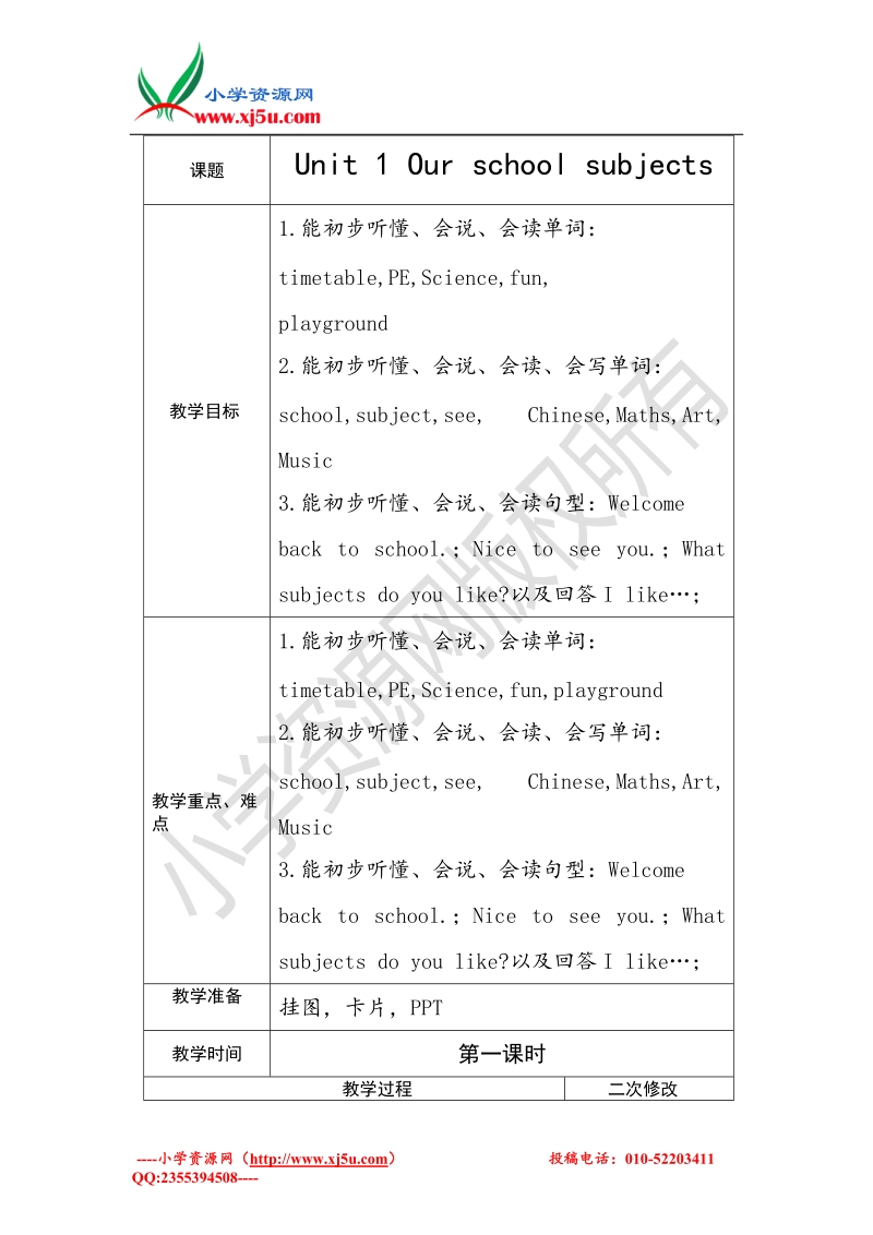 苏教译林版四年级下册英语教案 unit1 our school subjects 5.doc_第1页