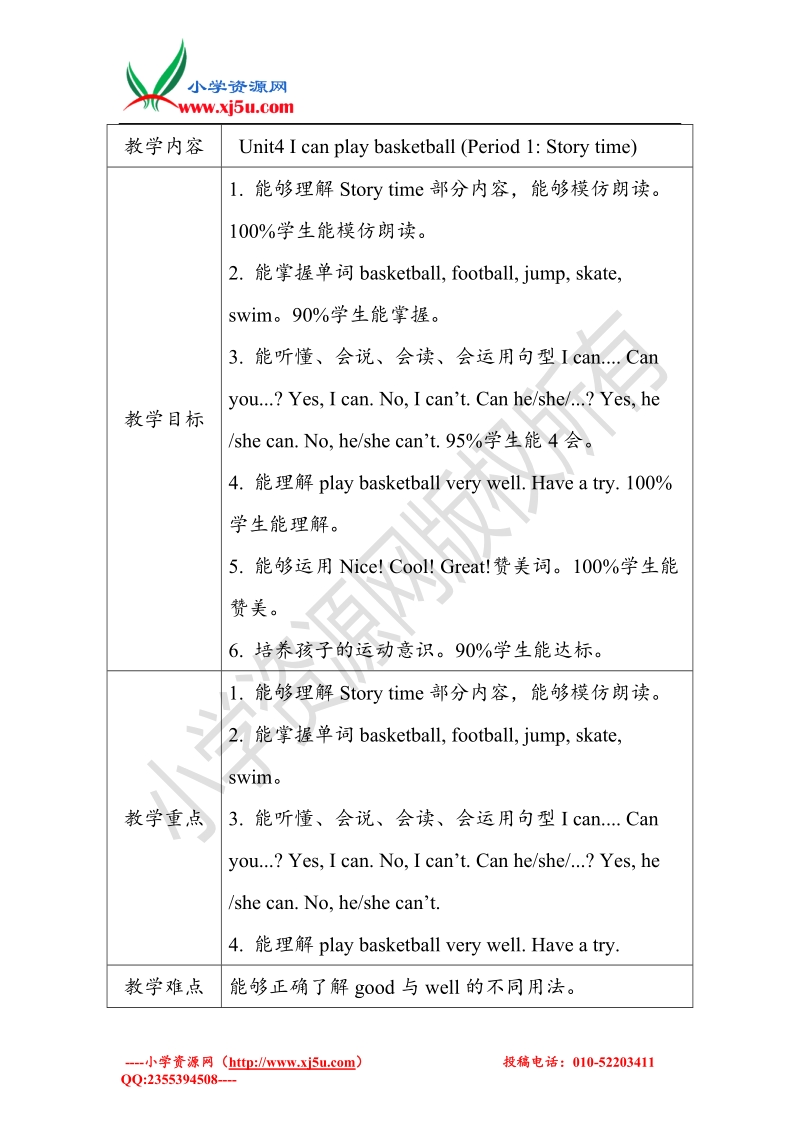 牛津苏教版英语四年级上册unit4 i can play basketball单元教案.doc_第1页