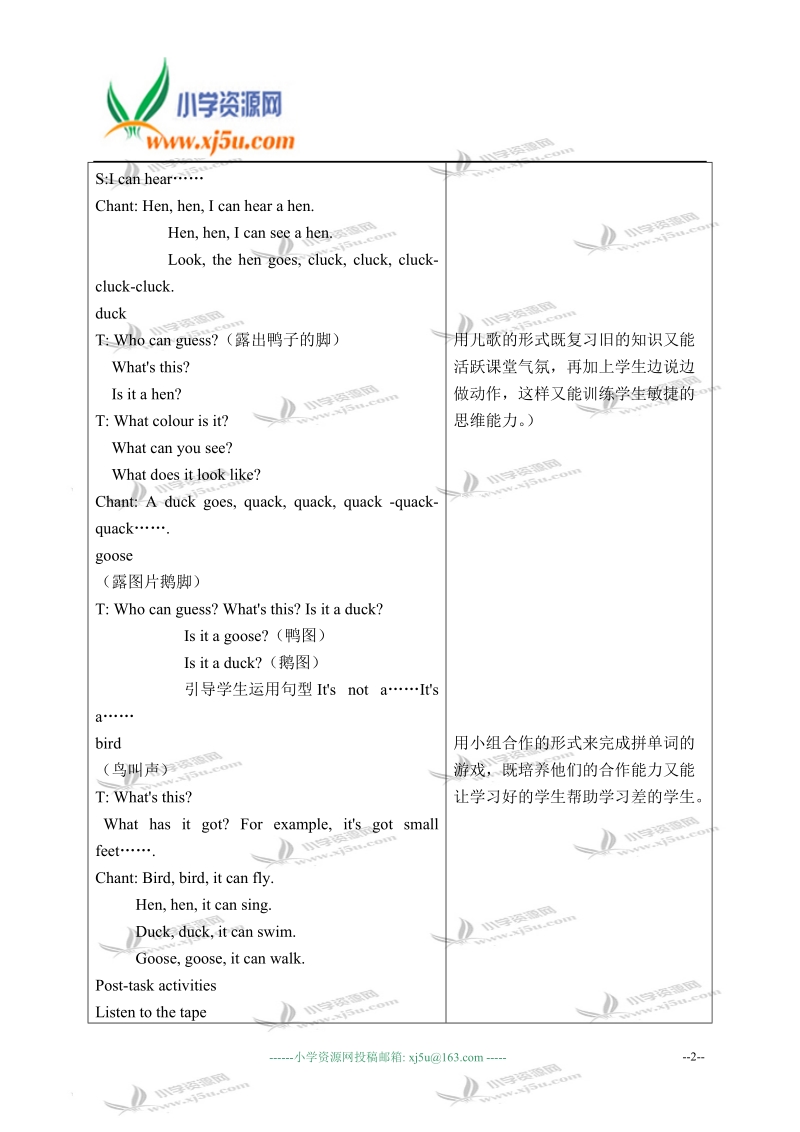 （新世纪版）一年级英语下册教案 unit 7(1).doc_第2页