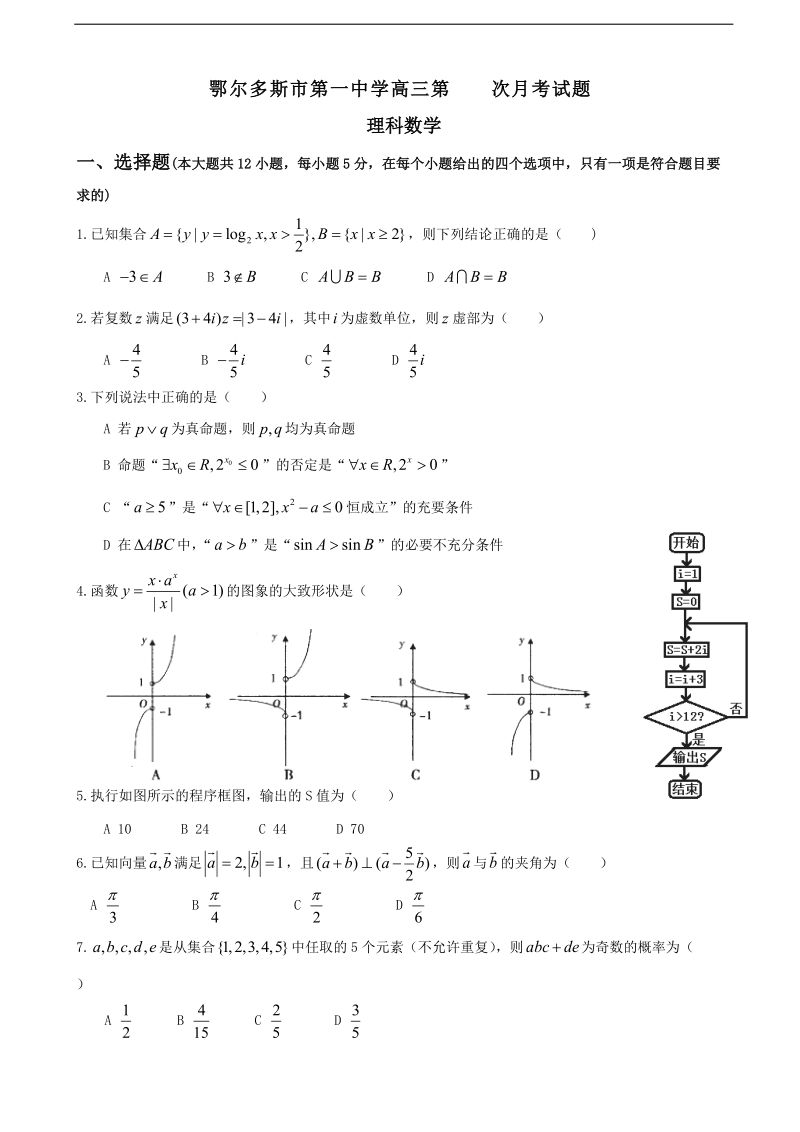 2017年内蒙古鄂尔多斯市一中高三上学期第四次月考数学（理）试题.doc_第1页