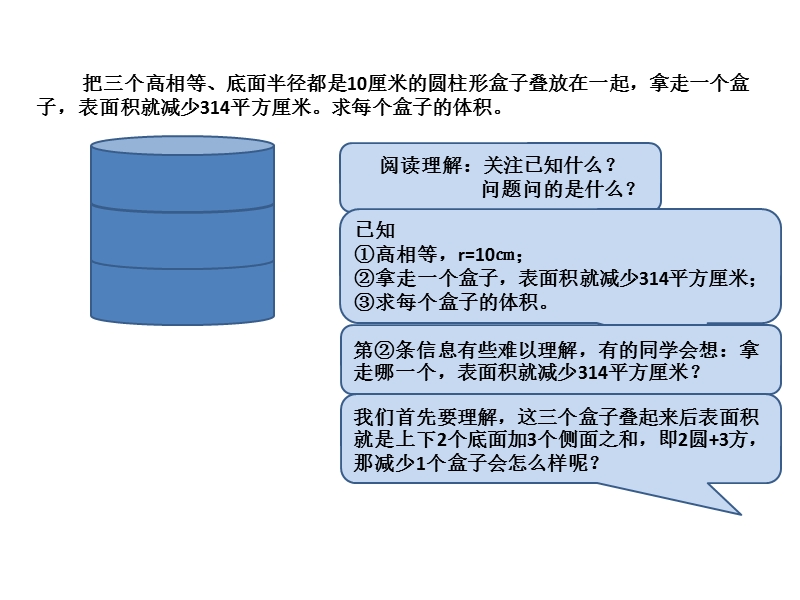 作业单4解决问第5题解题过程——“三个高相等,底面半径10厘米的圆柱盒子……”解题过程.ppt_第1页