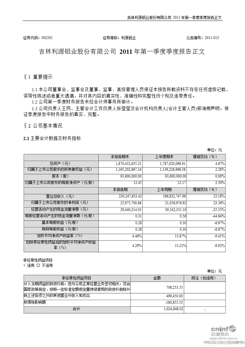 利源铝业：2011年第一季度报告正文.ppt_第1页