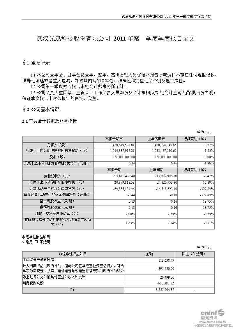 光迅科技：2011年第一季度报告全文.ppt_第1页