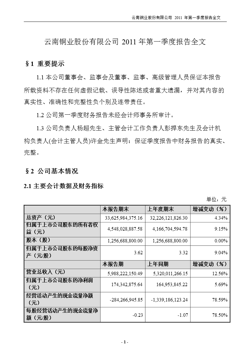 云南铜业：2011年第一季度报告全文.ppt_第1页