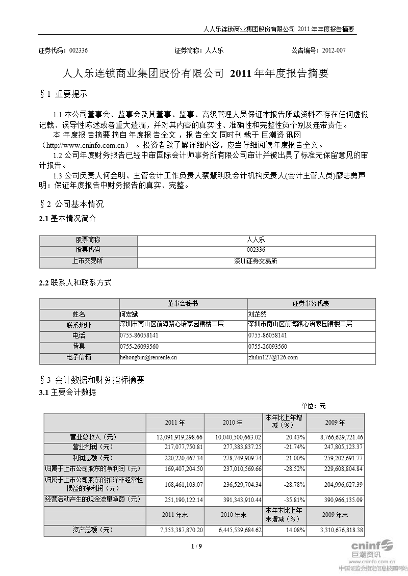 人人乐：2011年年度报告摘要.ppt_第1页