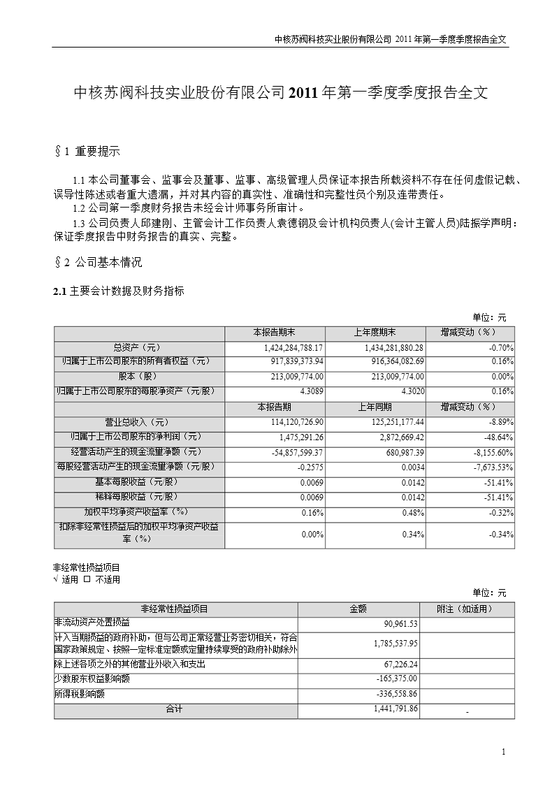 中核科技：2011年第一季度报告全文.ppt_第1页