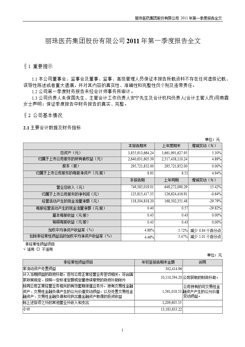 丽珠集团：2011年第一季度报告全文.ppt_第1页