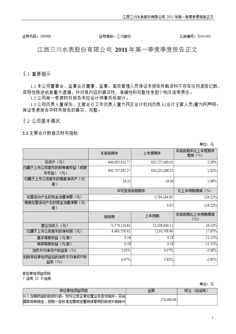 三川股份：2011年第一季度报告正文.ppt_第1页