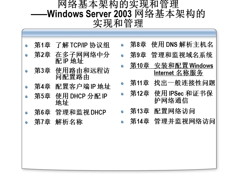 windowsserver 2003网络基本架构的实现和管理第10章 安装和配置 windowsinternet 名称服务课件.ppt_第1页