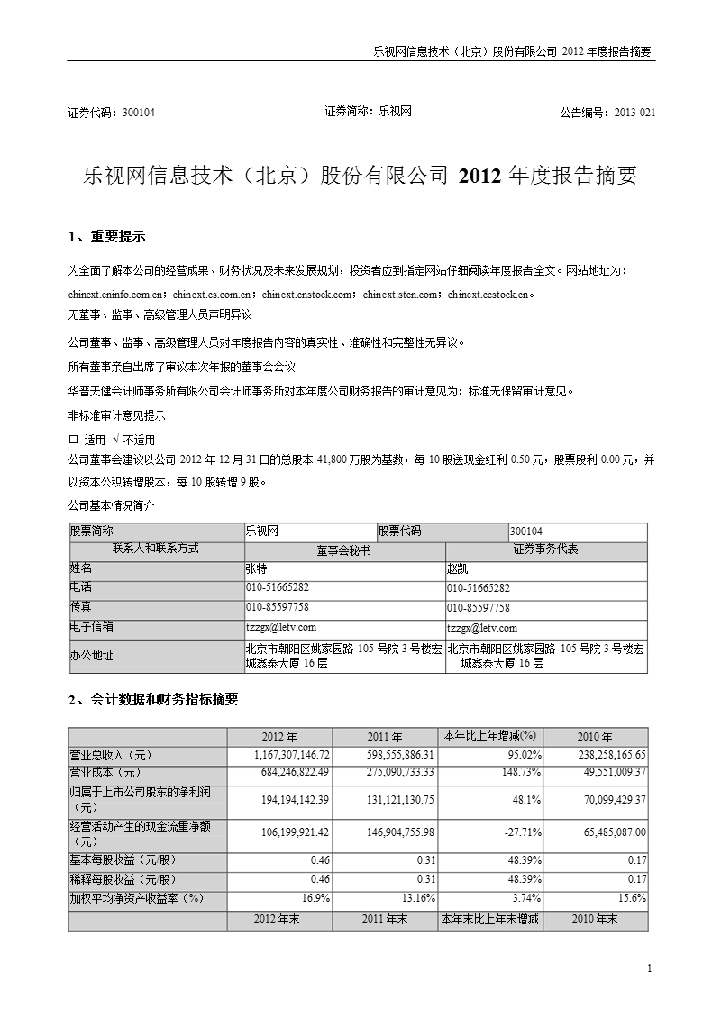 乐视网：2012年年度报告摘要.ppt_第1页