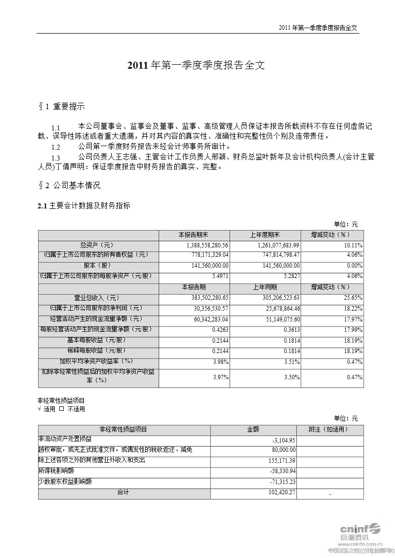 全 聚 德：2011年第一季度报告全文.ppt_第1页