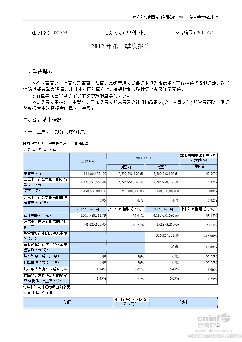 中利科技：2012年第三季度报告正文.ppt_第1页