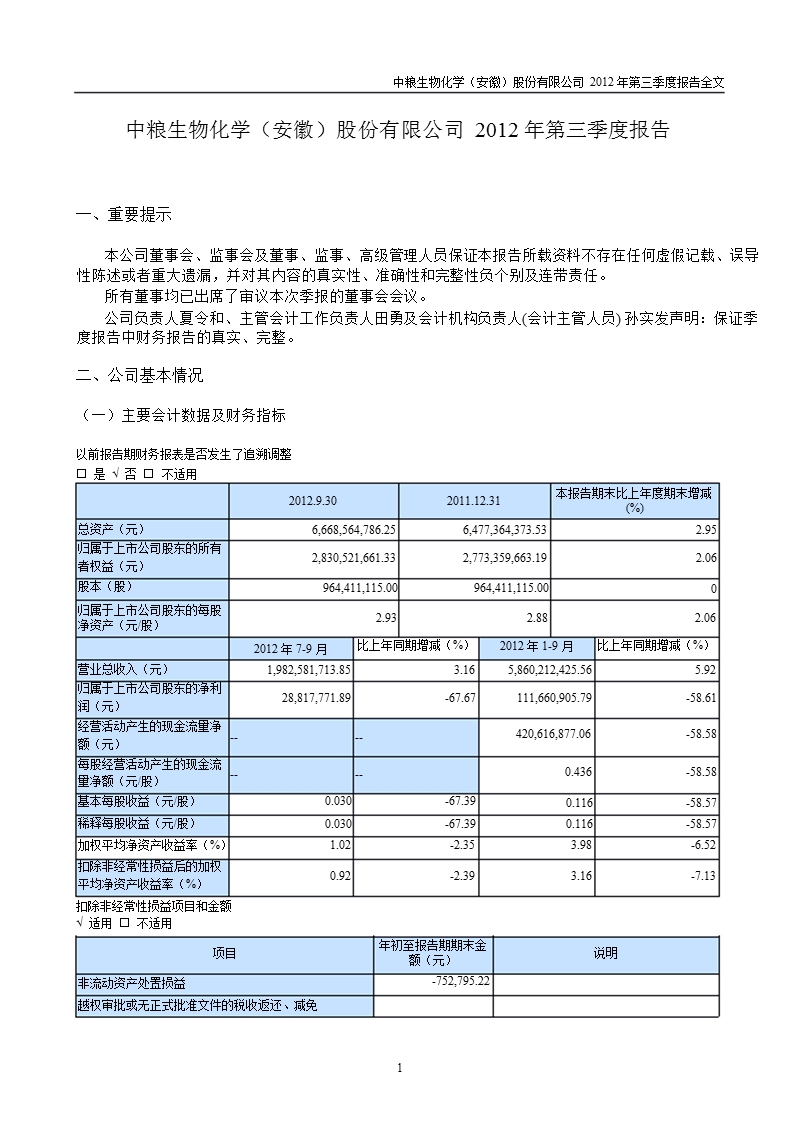 中粮生化：2012年第三季度报告全文.ppt_第1页