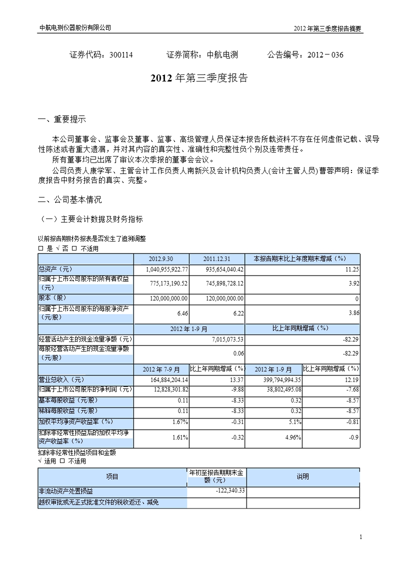 中航电测：2012年第三季度报告正文.ppt_第1页