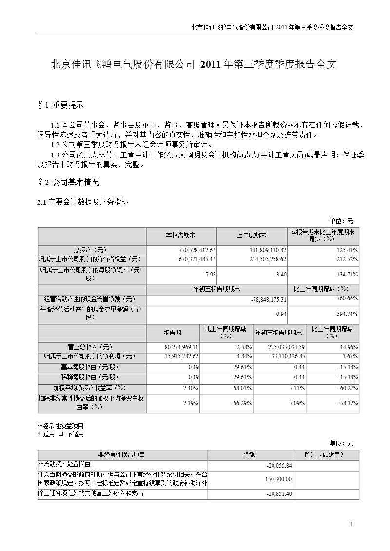 佳讯飞鸿：2011年第三季度报告全文.ppt_第1页