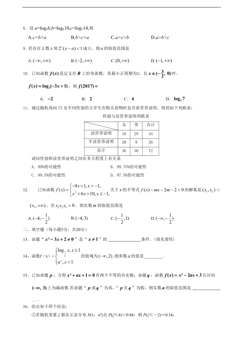 2018年度安徽省巢湖市烔炀中学高三第一次月考数学（理）试卷.doc_第2页