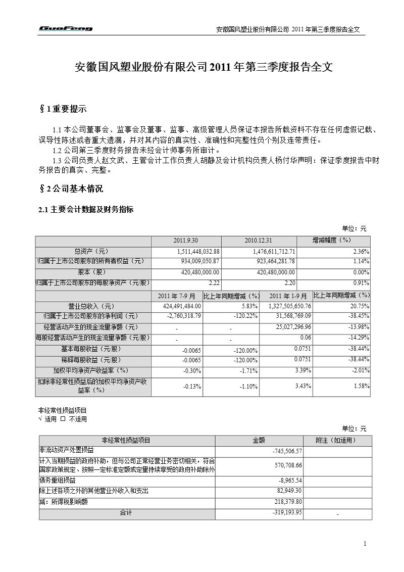 国风塑业：2011年第三季度报告全文.ppt_第1页