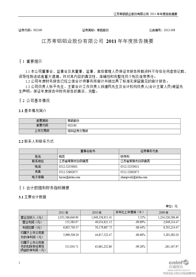 常铝股份：2011年年度报告摘要.ppt_第1页