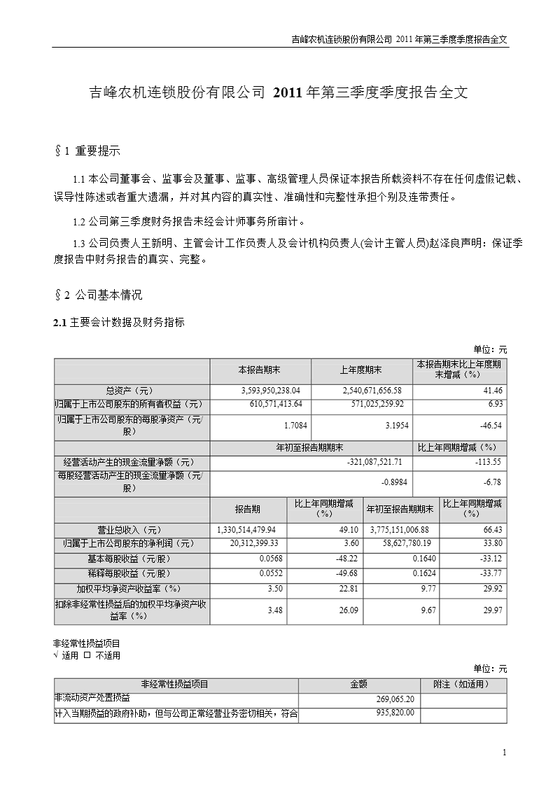 吉峰农机：2011年第三季度报告全文.ppt_第1页