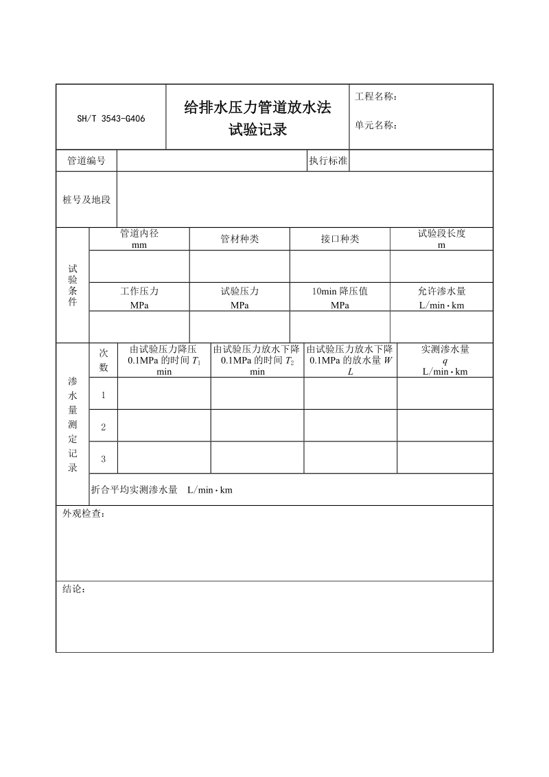 3543-G406给排水压力管道放水法试验记录.doc_第1页