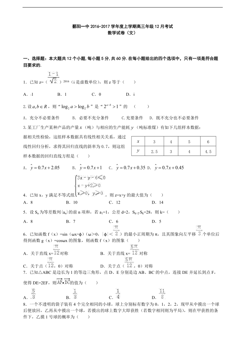 2017学年江西省上饶市鄱阳县第一中学高三12月考试数学（文）试卷（无答案）.doc_第1页