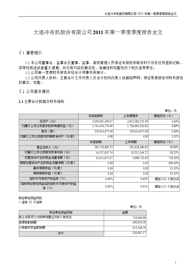 大冷股份：2011年第一季度报告全文.ppt_第1页