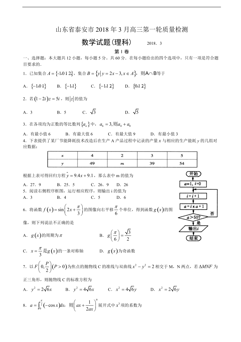 2018年山东省泰安市高三第一轮复习3月质量检测数学试题（理）.doc_第1页