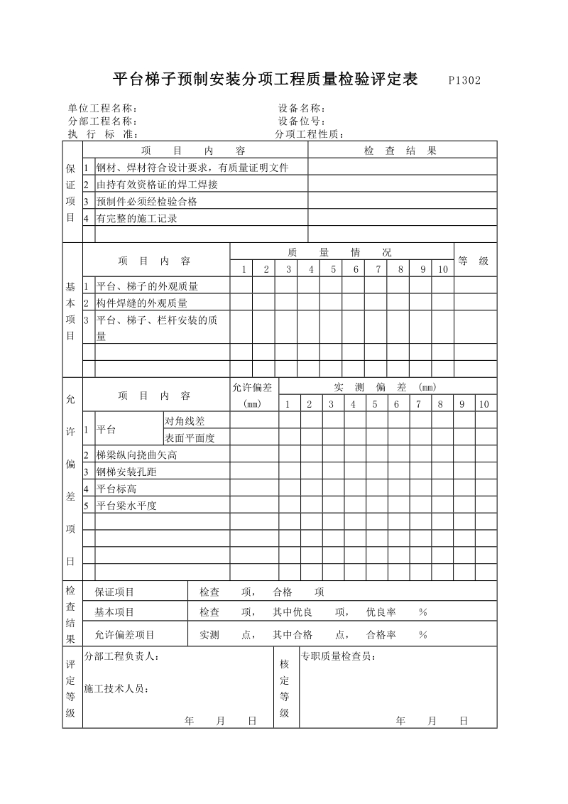 P1302平台梯子预制安装分项工程质量检验评定表.doc_第1页