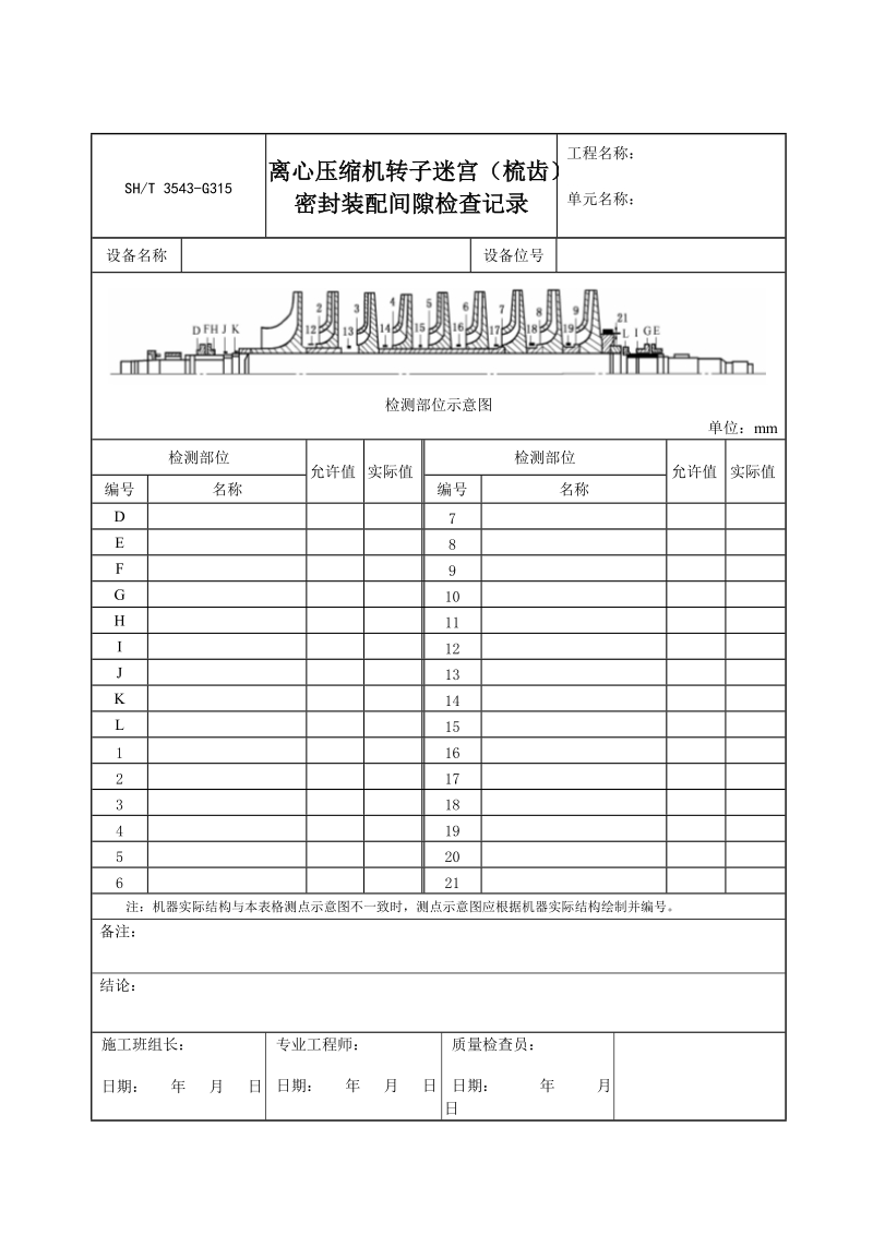 3543-G315离心压缩机转子迷宫（梳齿）密封装配间隙检查记录.doc_第1页